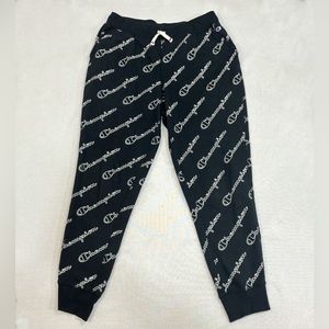 Champion Reverse Weave Black Sweat Pants, Mens Medium, All Over champion Print